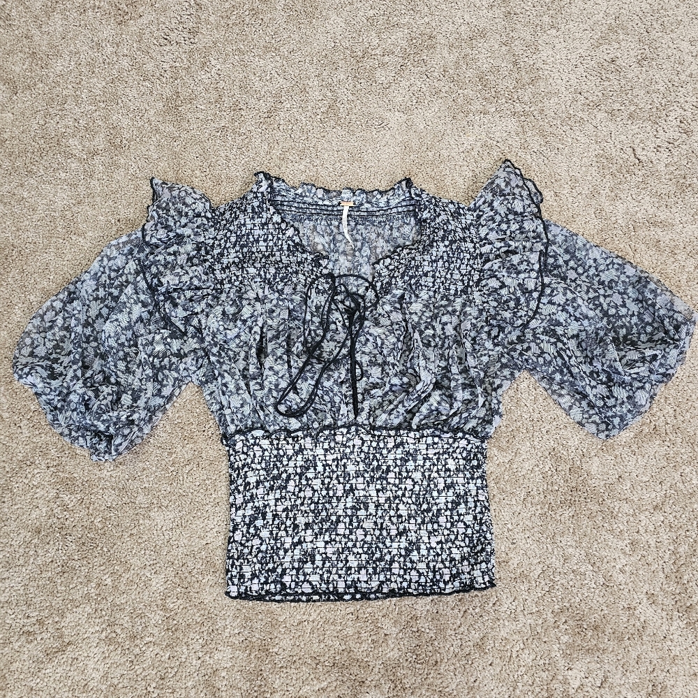 Free People Black Floral Sheer Blouse - Picture 4 of 9